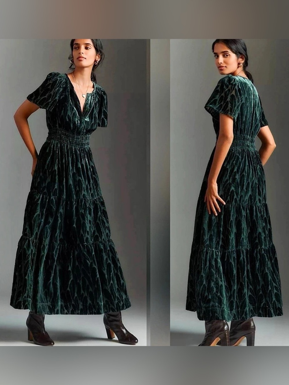 Anthropologie Puff-Sleeved Burnout Velvet Maxi Dress Green XS